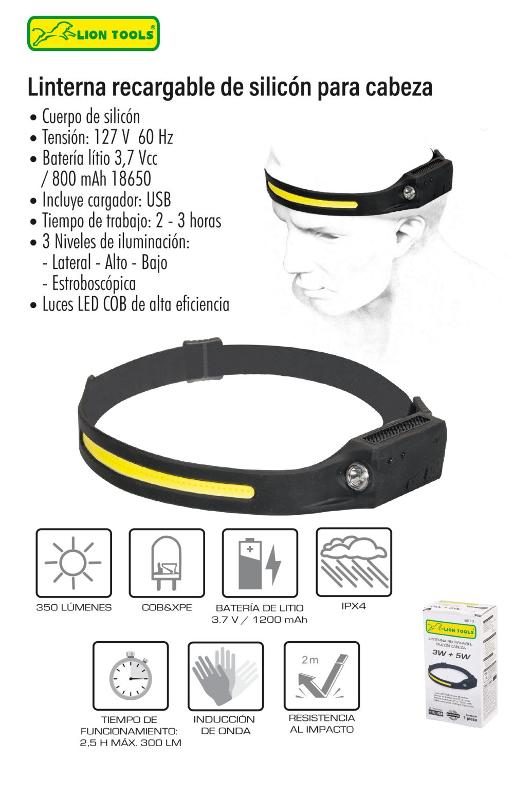 Linterna recargable de silicón para cabeza