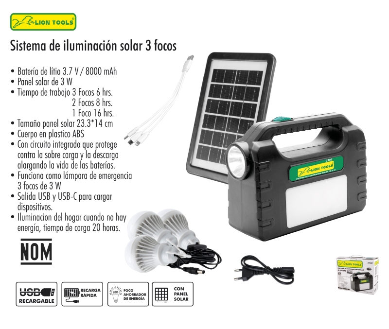Sistema de iluminación solar 3 focos